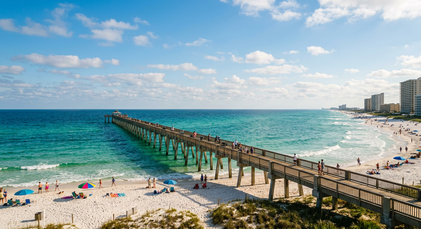 A wide shot of the Navarre Beach Fishing Pier stretching into the turquoise Gulf of Mexico