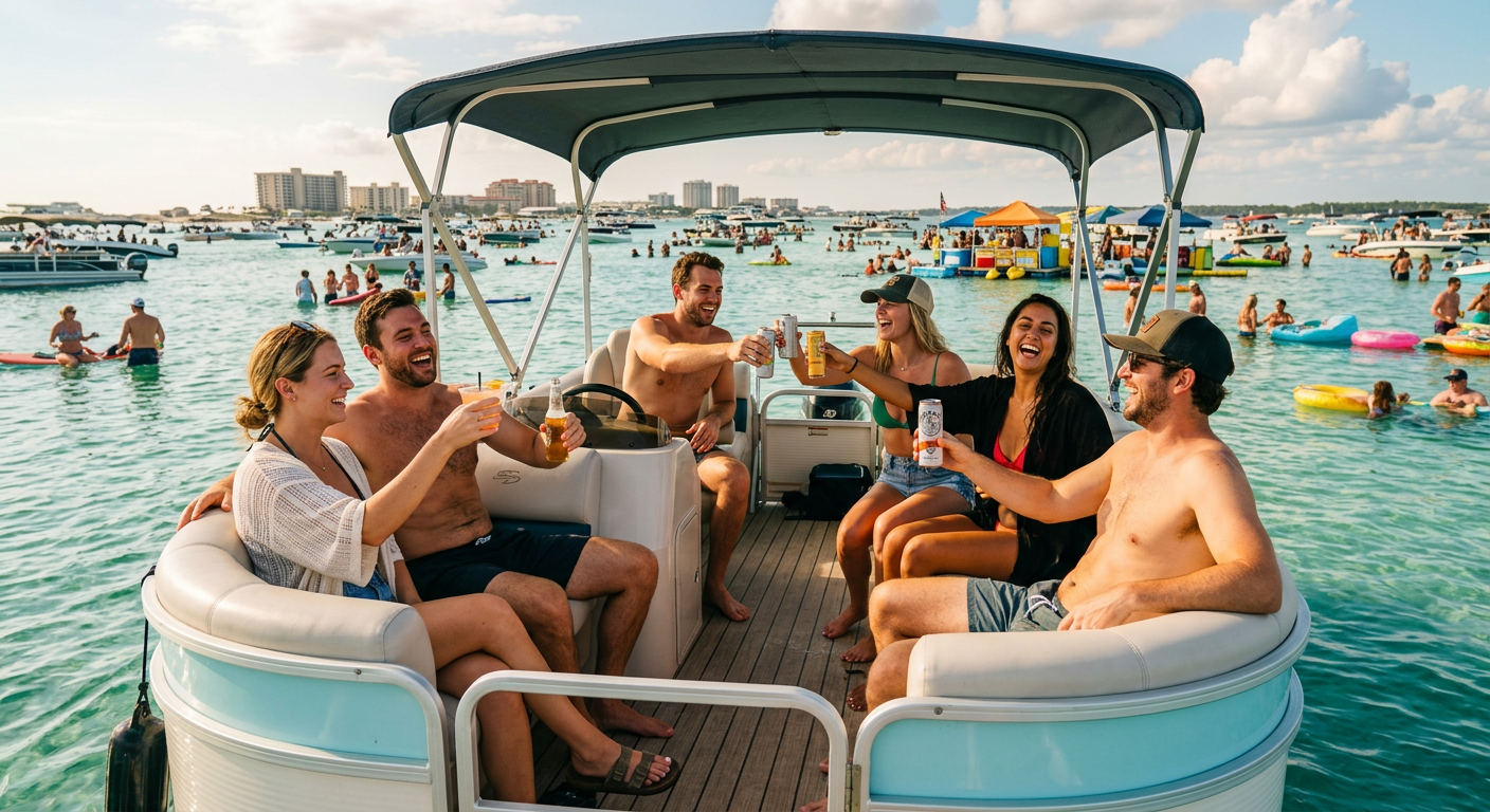 A group of friends enjoying a pontoon boat at Crab Island in Destin