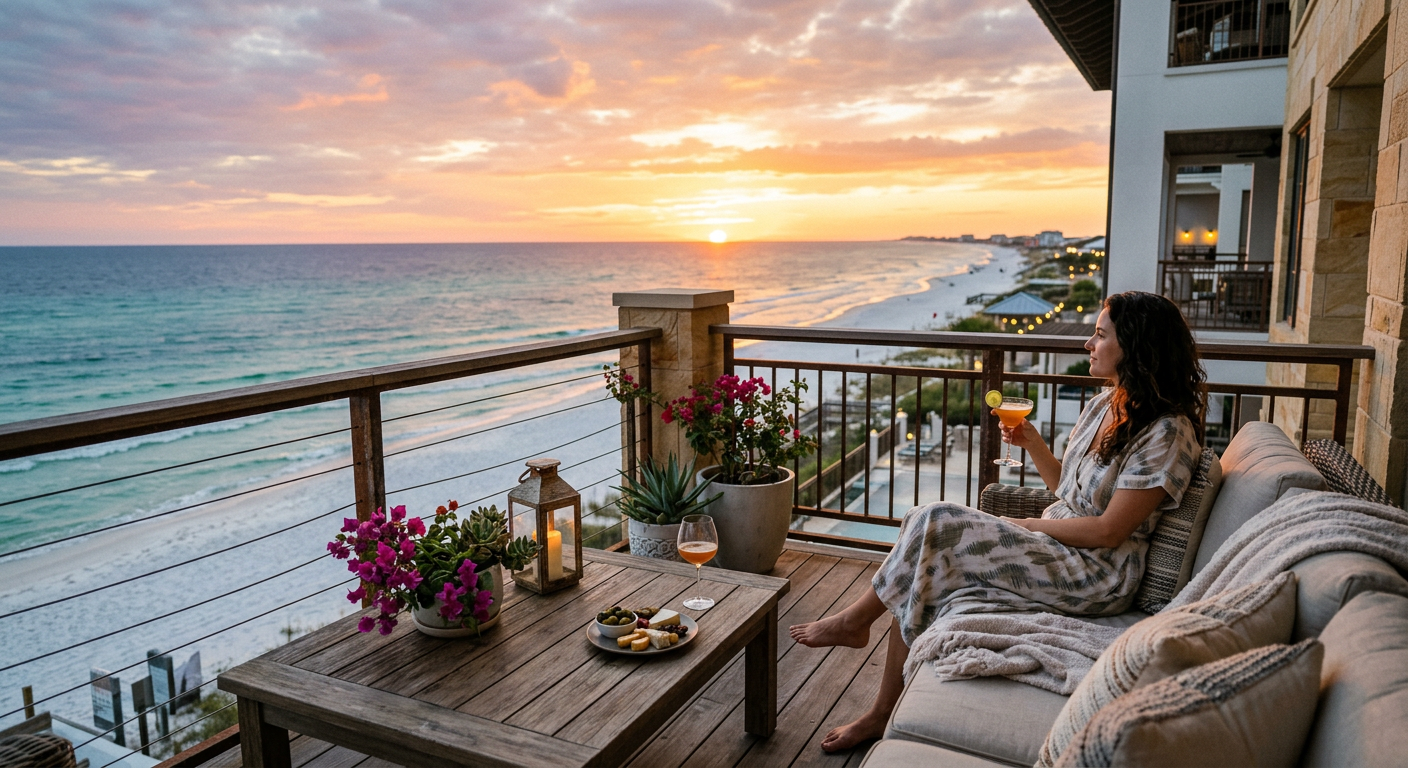 A sunset glow over a luxury vacation rental balcony overlooking the Gulf