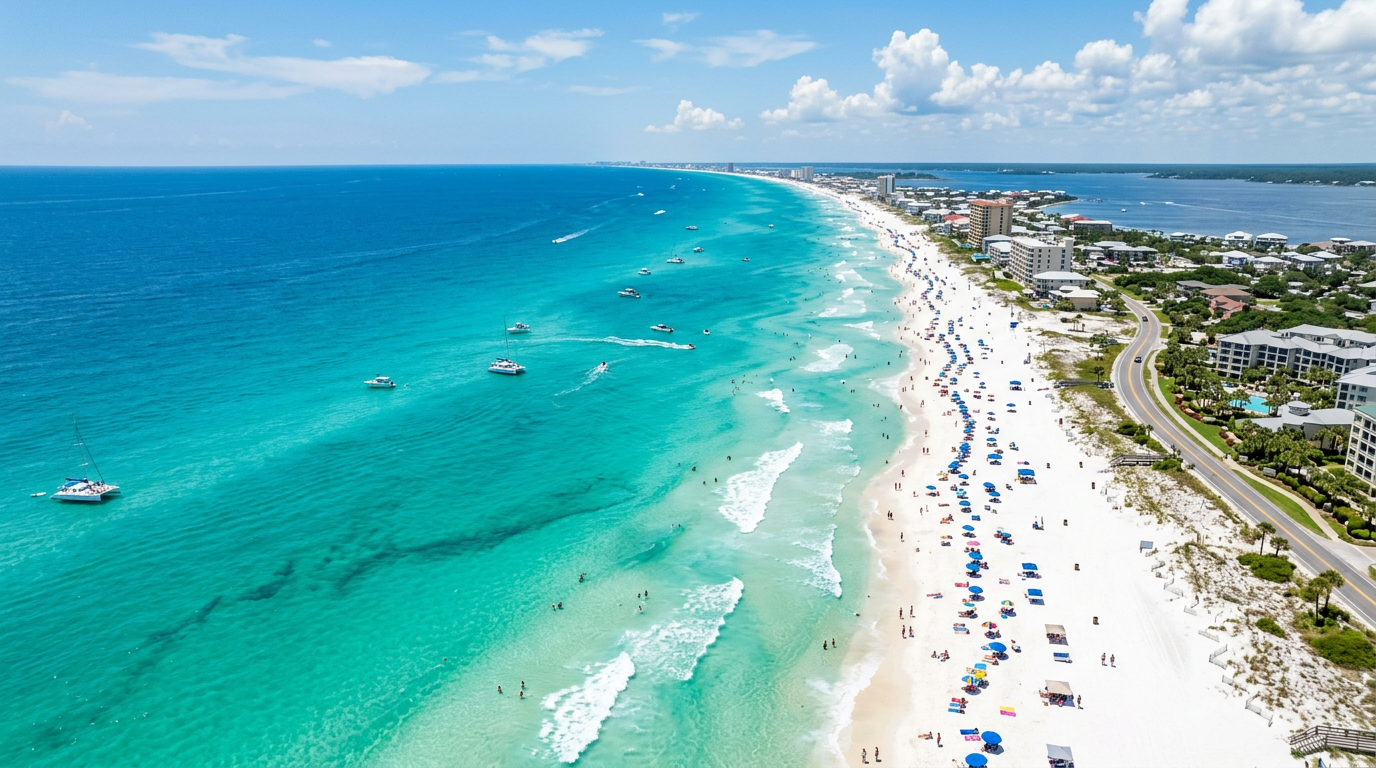 A peaceful aerial view of the turquoise waters and white sand at the West End of Panama City Beach