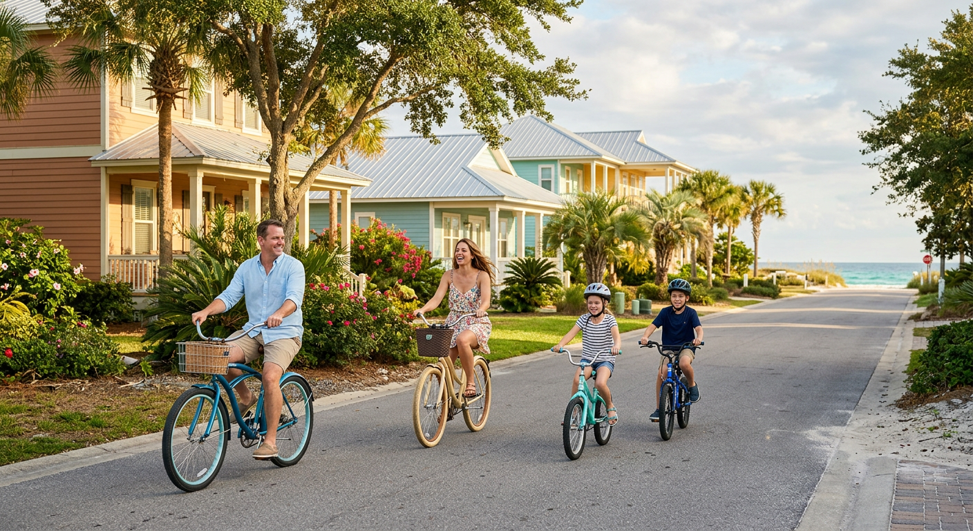 A family riding bikes along a quiet residential street in the West End of Panama City Beach