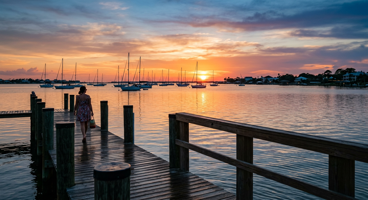 A sunset view over the Grand Lagoon with sailboats anchored in the distance
