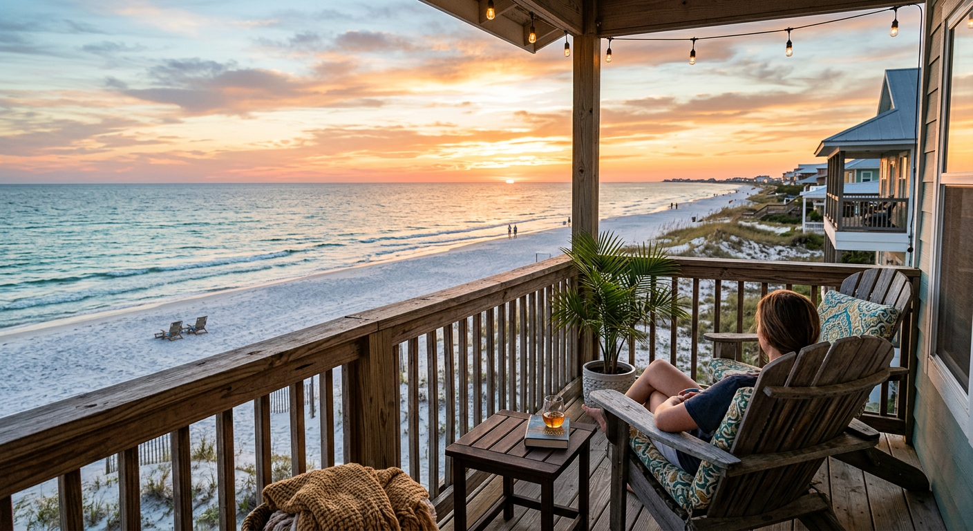 A relaxing balcony view of a quiet beach at sunset from a Coastal Sunrises property