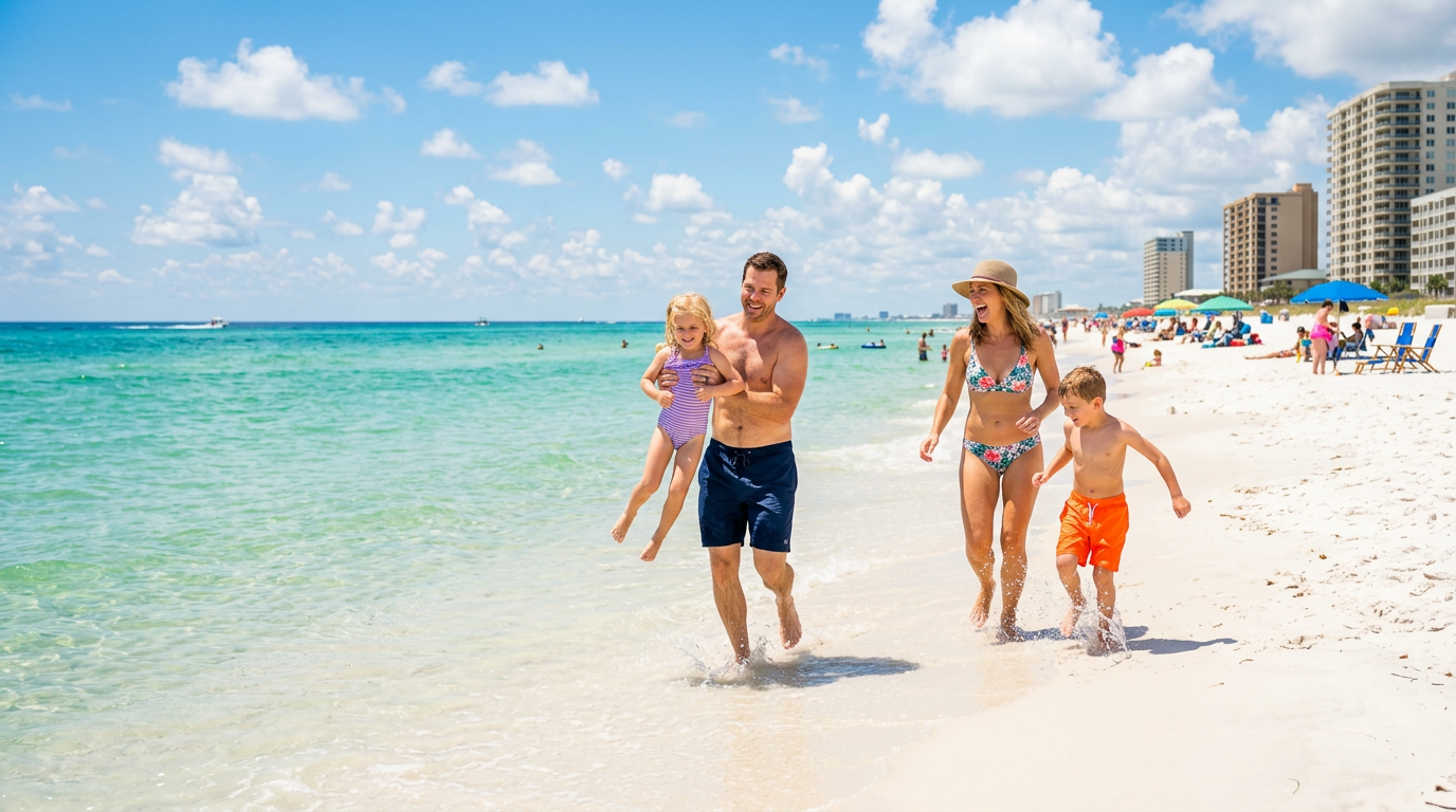A family playing on a white sand beach in Destin during a sunny July afternoon