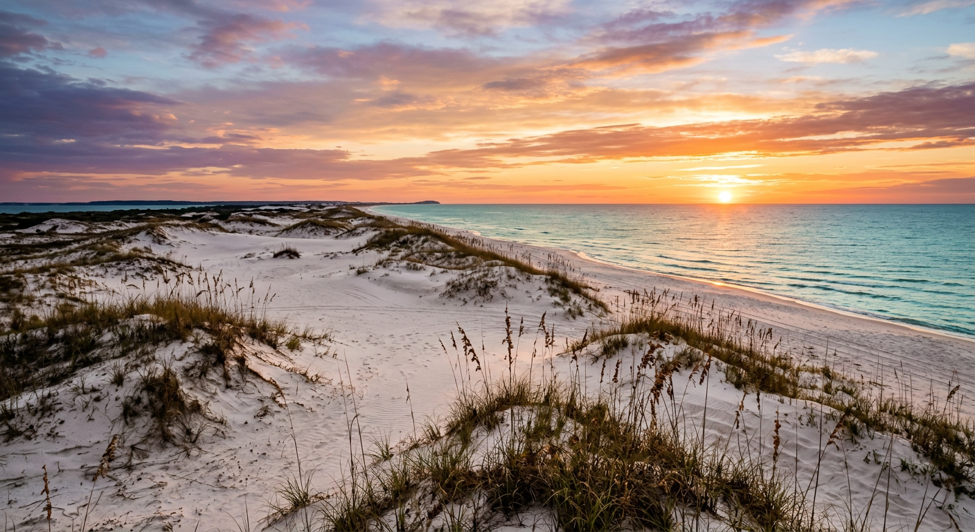 Sunset over the Gulf Islands National Seashore with empty white sand dunes