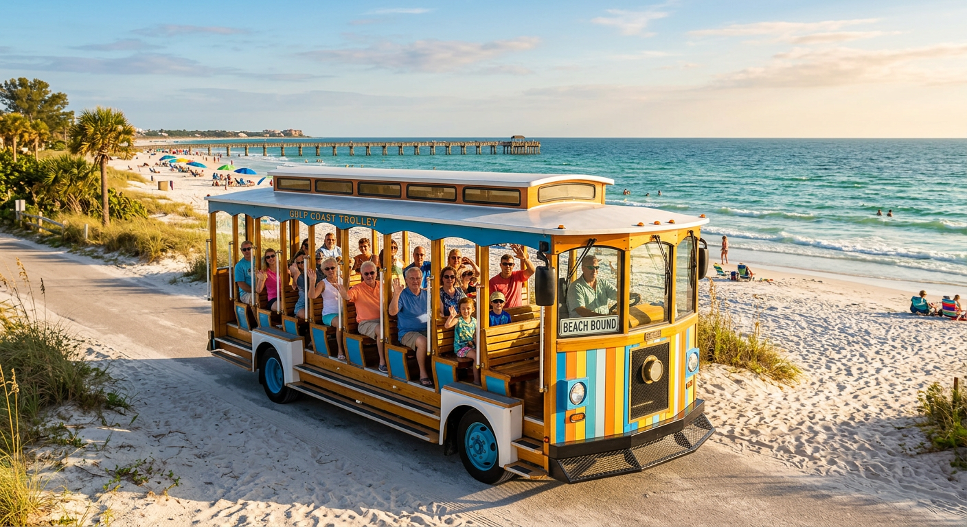 A colorful beach trolley transporting visitors along the shoreline