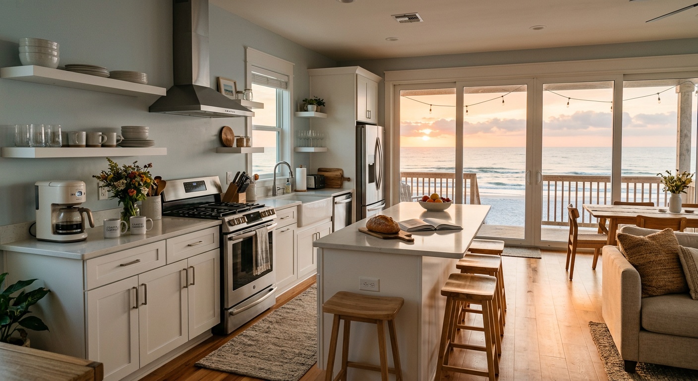 Interior of a Coastal Sunrises vacation rental showing a modern kitchen and ocean view