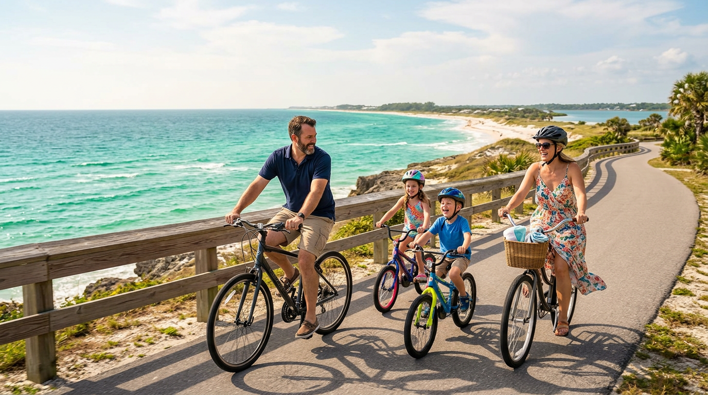 A family riding bicycles along a paved coastal path with emerald green water in the background