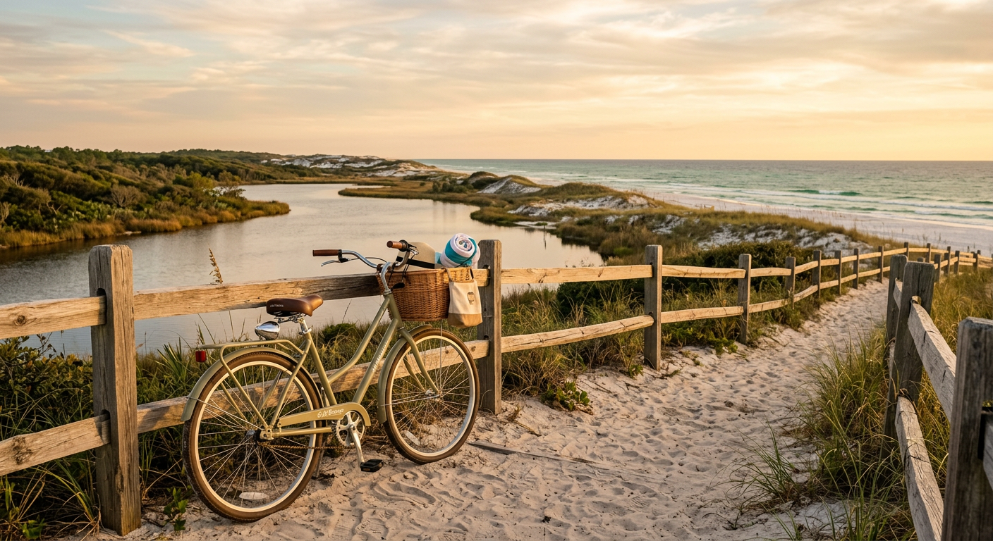 A bicycle leaning against a wooden fence overlooking a coastal dune lake