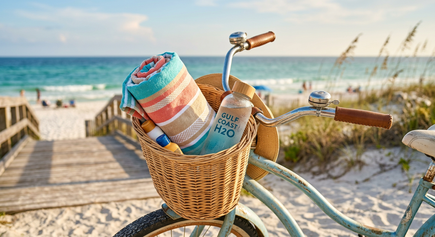 Close up of a bicycle basket filled with a beach towel and a bottle of water