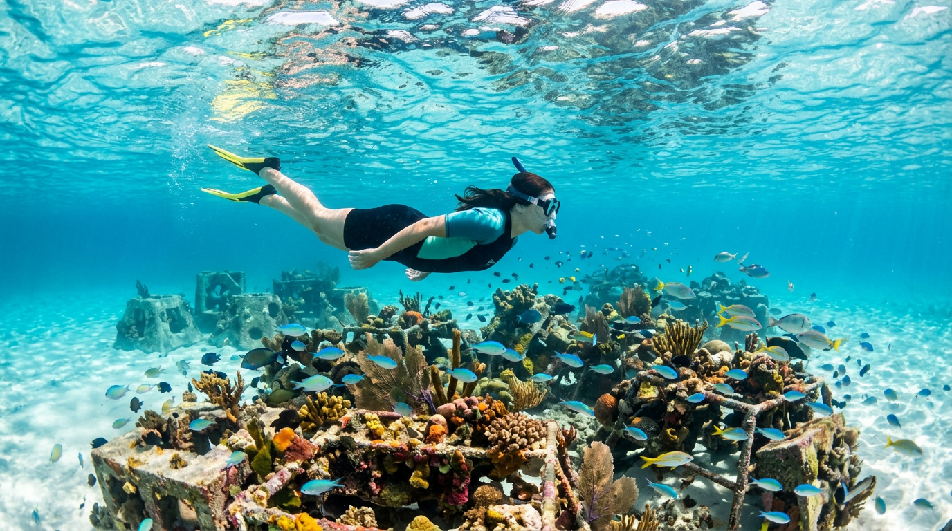 A snorkeler floating over a vibrant artificial reef in Pensacola Beach with clear blue water.