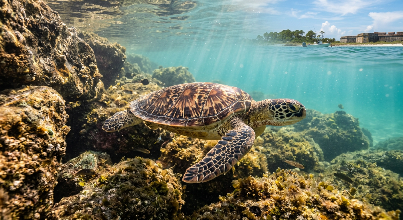 Close up of a sea turtle swimming near the rocky jetties at Fort Pickens.