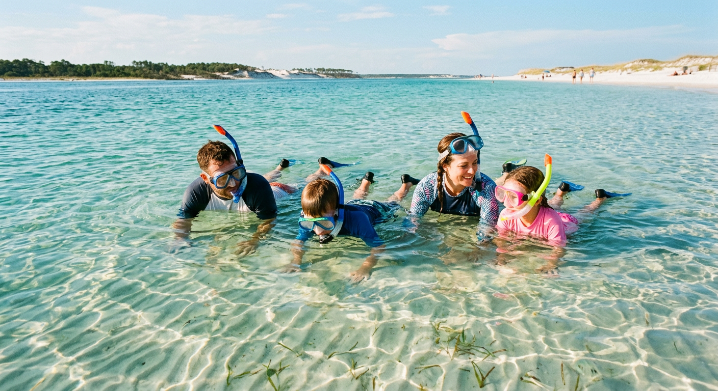 A family of four snorkeling together in the shallow, clear turquoise waters of Santa Rosa Sound.