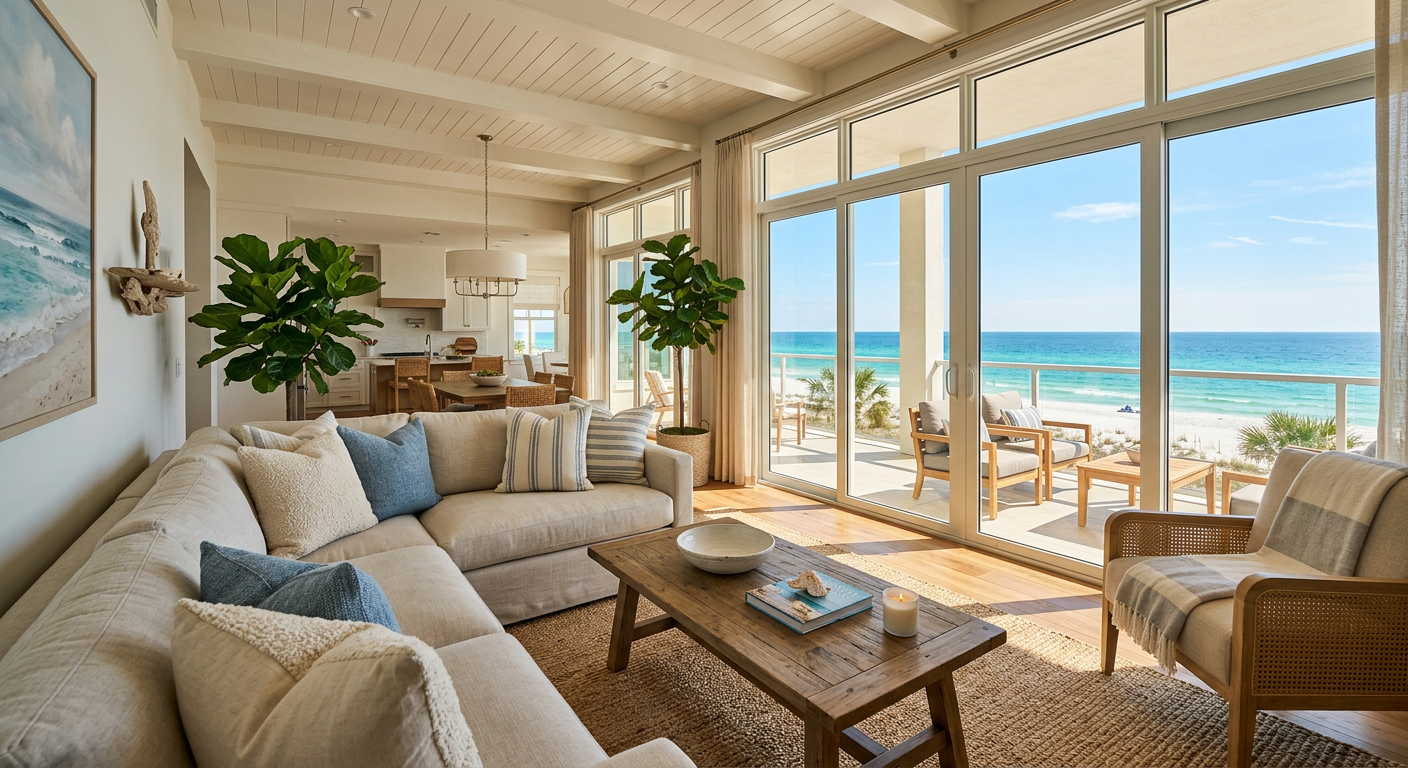 View of a luxury sun-drenched living room in a Coastal Sunrises rental overlooking the ocean.