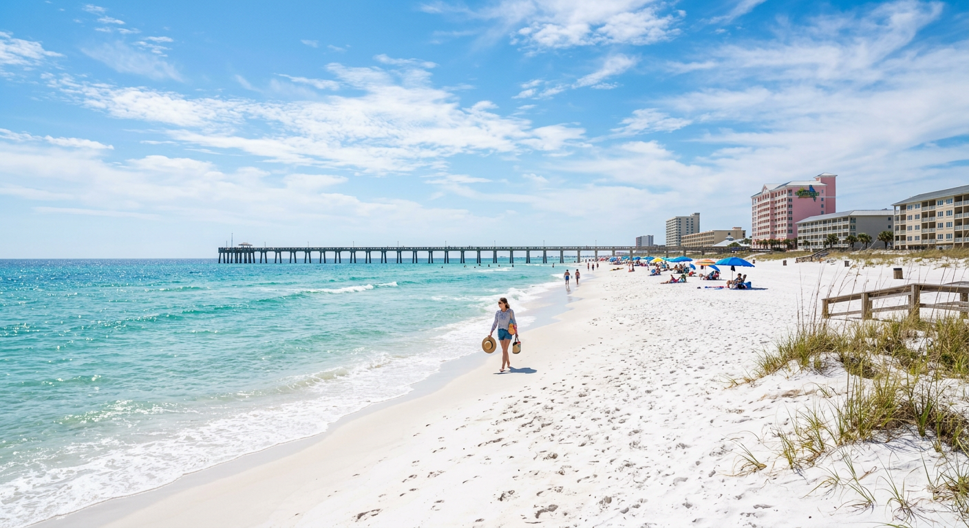 The iconic white sand beaches of Pensacola Beach on a clear spring day