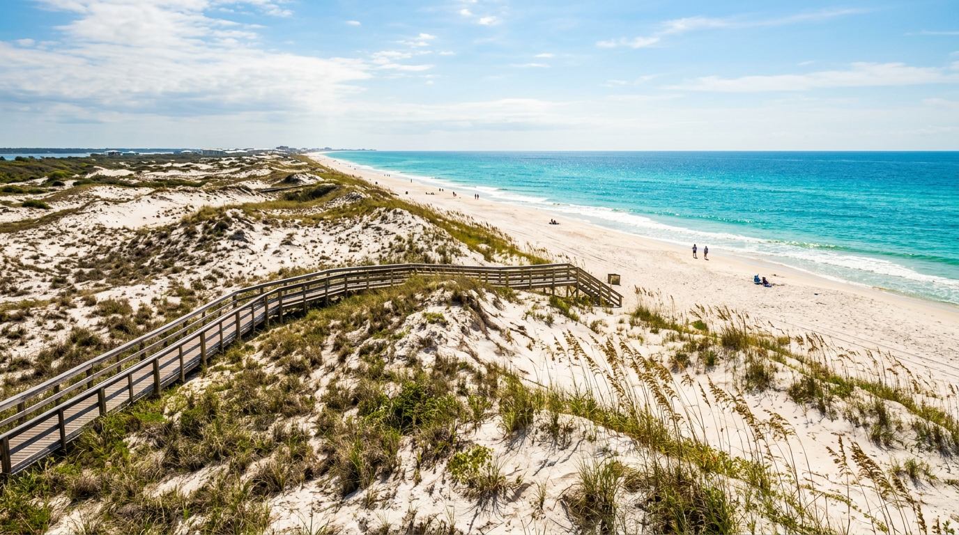 A wide panoramic shot of the pristine white sand dunes and turquoise water at Perdido Key State Park during a sunny spring morning