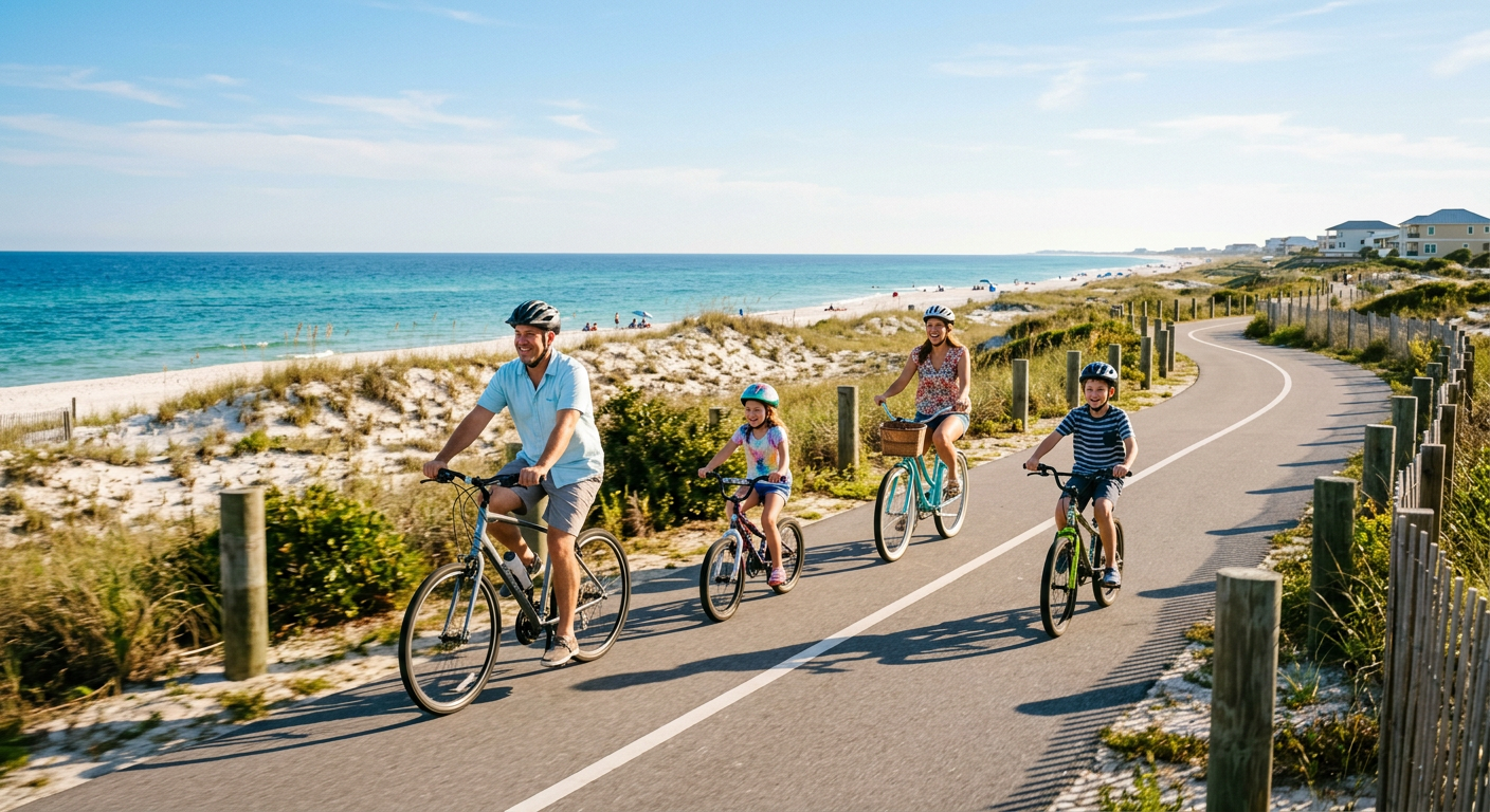 A family riding bicycles along a paved trail near the Perdido Key coastline with blue skies above