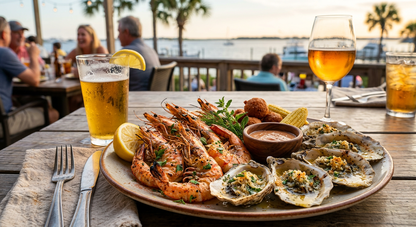 A close-up of a fresh seafood platter featuring grilled Gulf shrimp and oysters at a local Perdido Key restaurant
