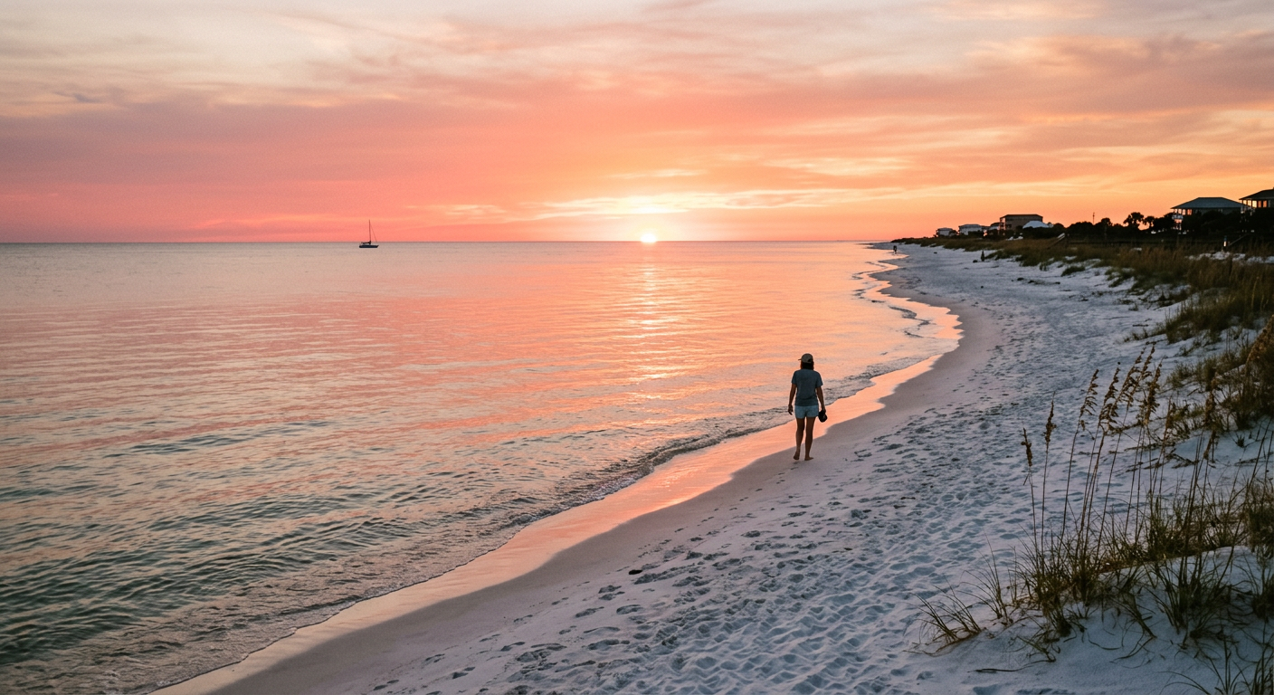 A sunset over the Gulf of Mexico, with pink and orange hues reflecting on the calm water at Perdido Key