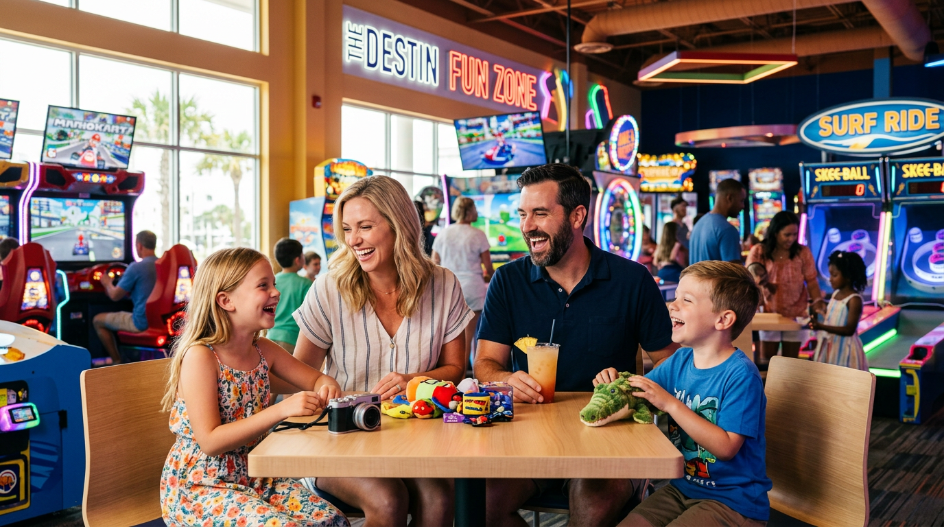 A family laughing together inside a bright, modern indoor entertainment center in Destin