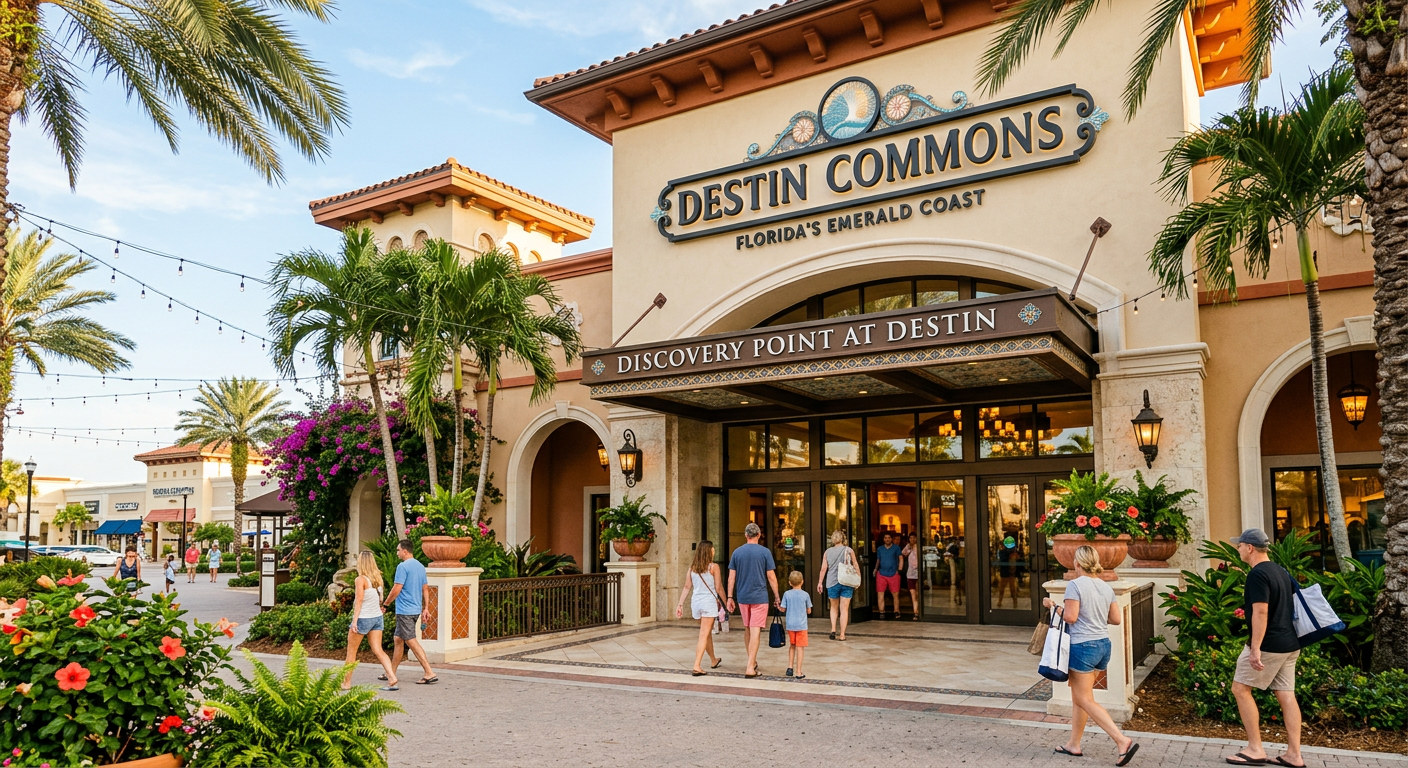 The entrance to a large, decorated indoor mall in Destin Florida