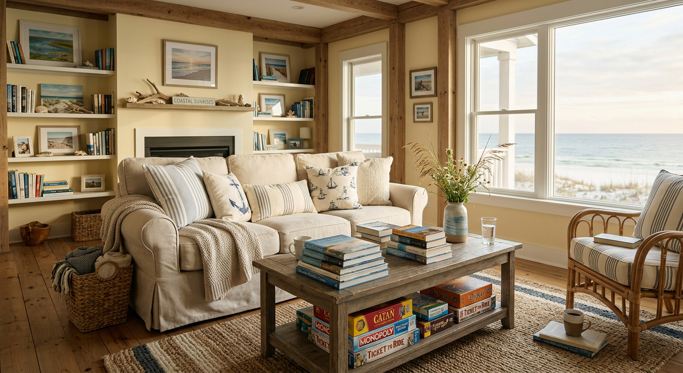 A cozy living room in a Coastal Sunrises vacation rental with books and board games