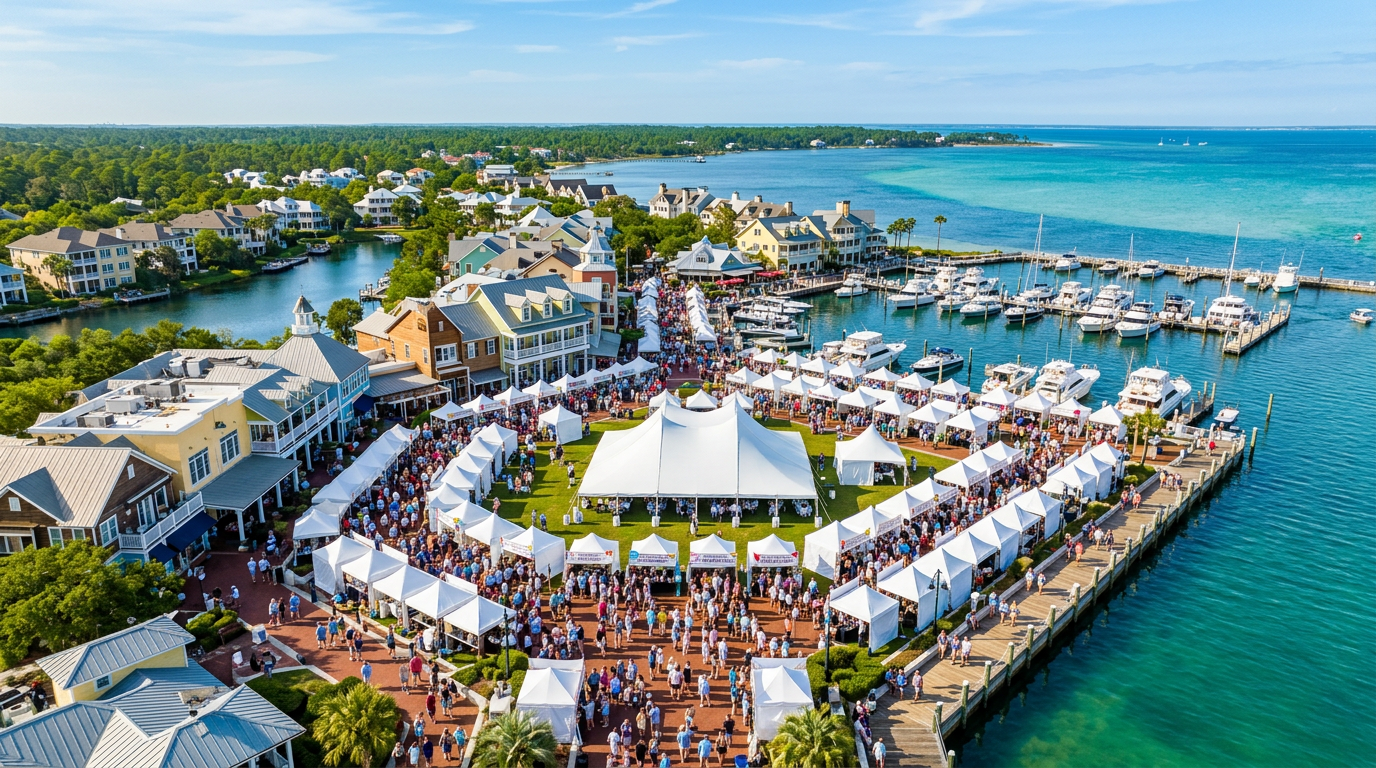 Aerial view of the Village of Baytowne Wharf during the Sandestin Wine Festival with white tents and crowds.
