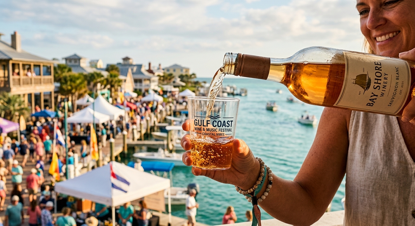 Close up of wine being poured into a festival-branded glass with the village background.