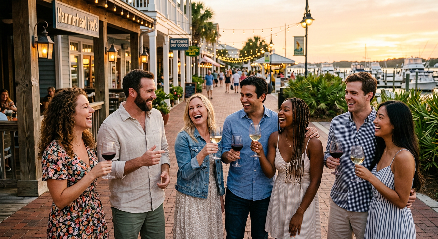 A group of friends laughing and holding wine glasses in the Village of Baytowne Wharf.