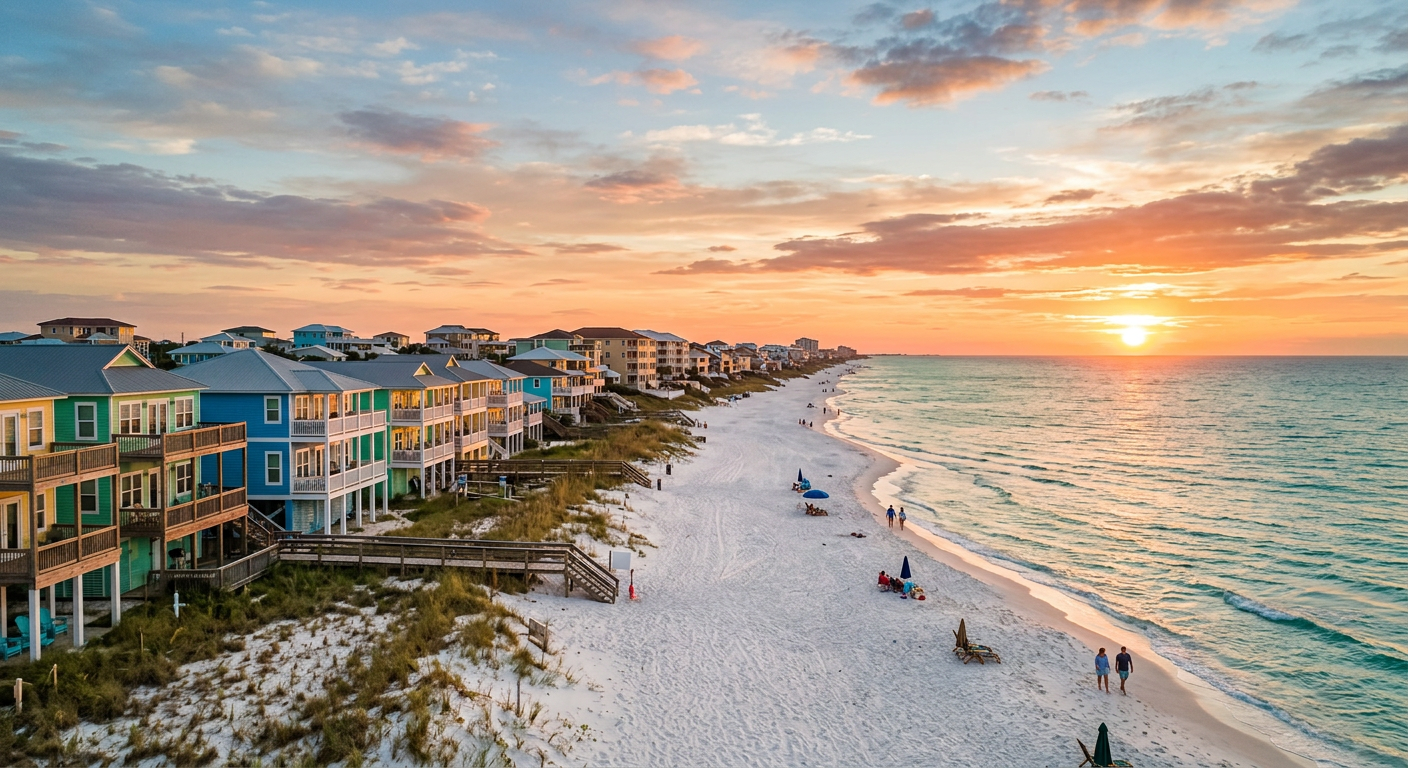 A sunset view over the Emerald Coast beach, showing the proximity of the rentals to the water.