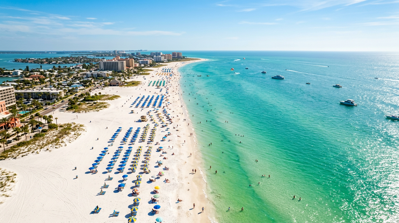 A stunning overhead shot of a white sand beach with turquoise water in Florida