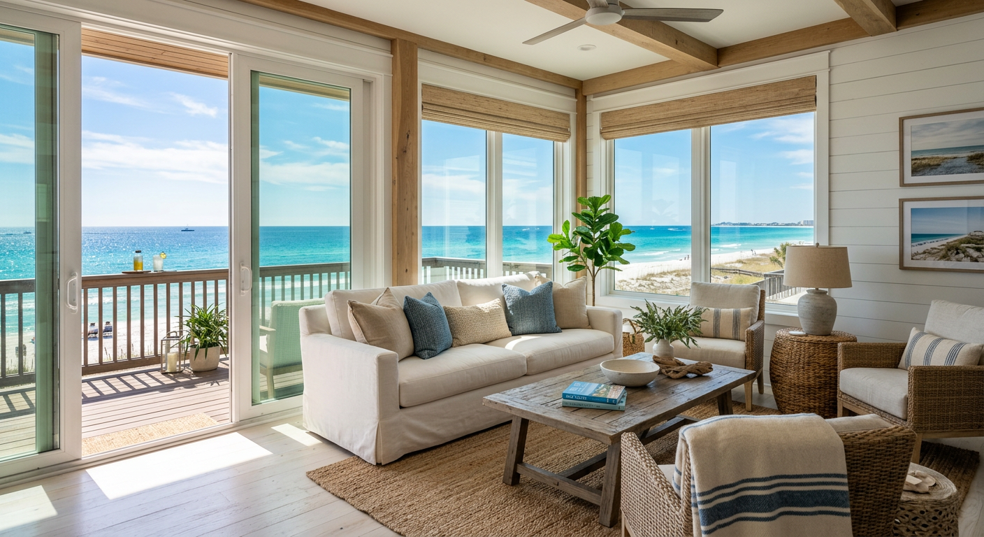 A modern, coastal-style living room with a view of the Gulf of Mexico