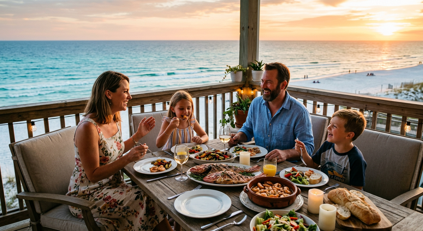 A family enjoying a home-cooked meal on a beachfront balcony