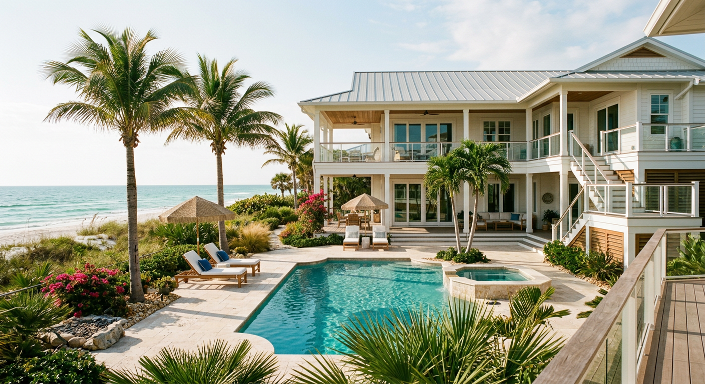 A large luxury beach home with a private pool and palm trees