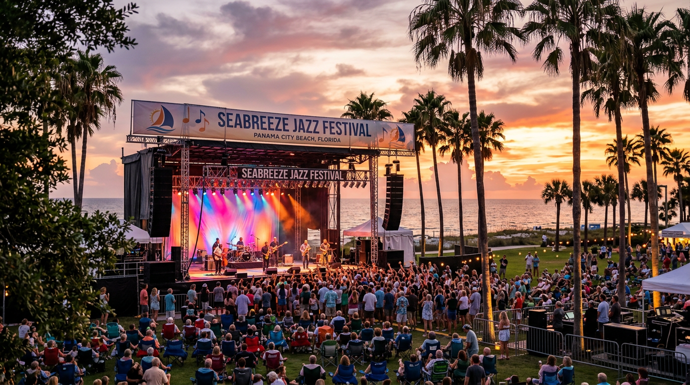 A wide shot of the main stage at the Seabreeze Jazz Festival with palm trees and a sunset background