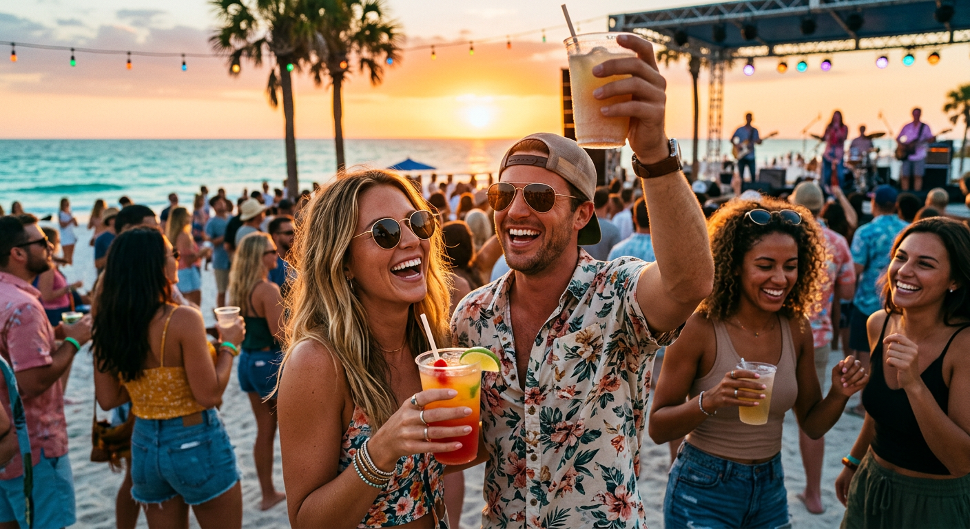 Cheerful fans enjoying the music with sunglasses and tropical drinks