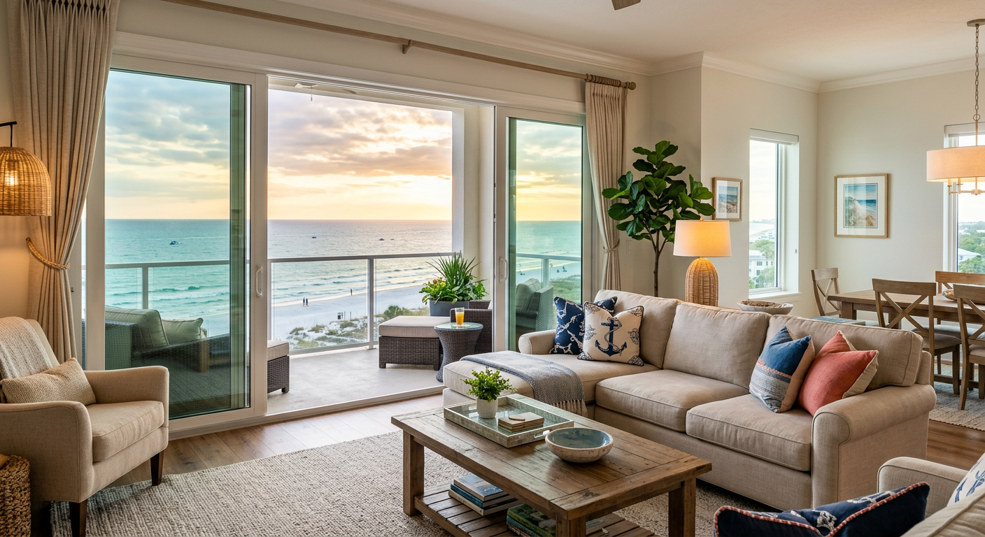 A luxury coastal condo living room with a view of the ocean