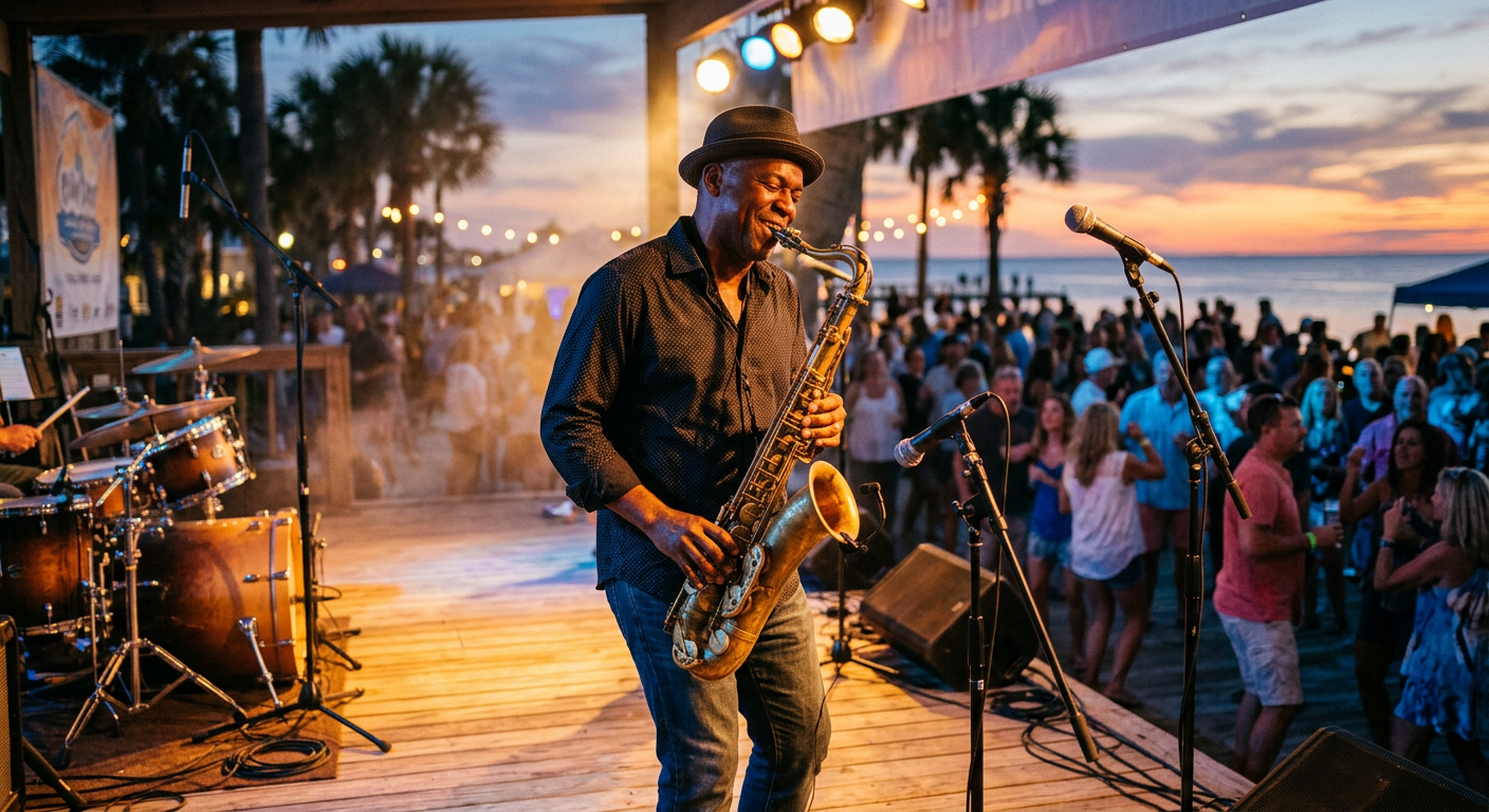 A saxophone player performing on stage under stage lights