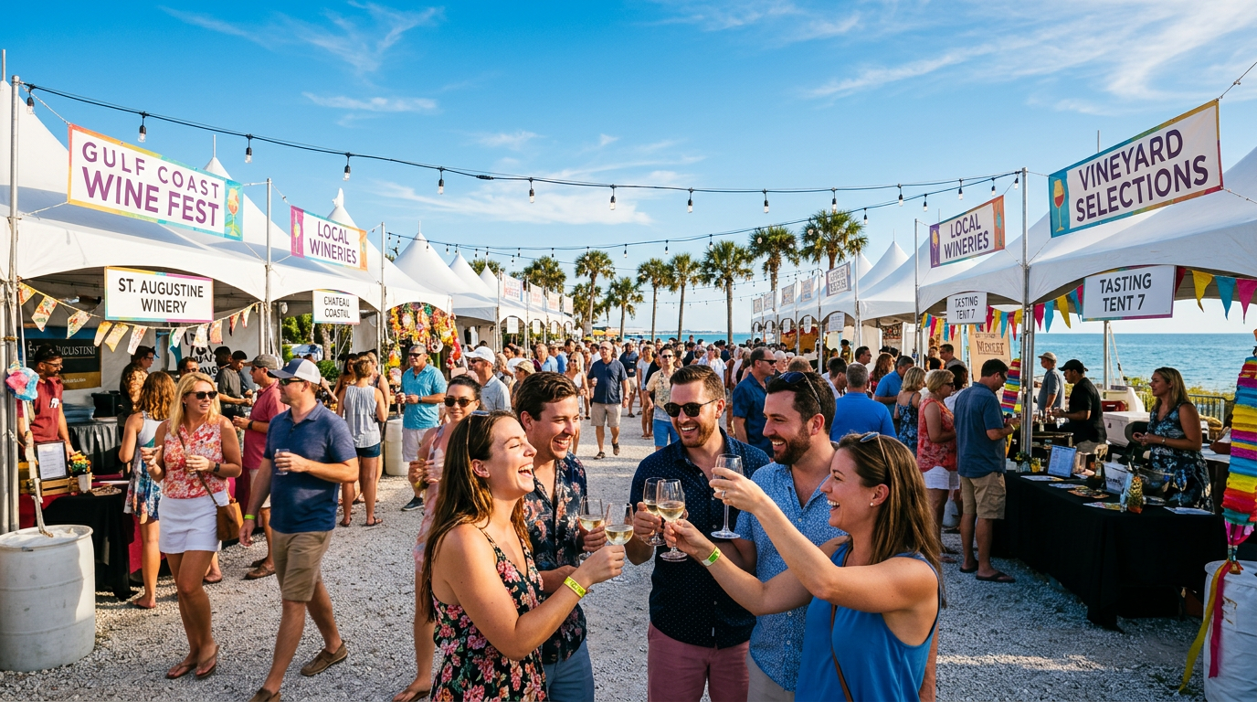 A vibrant outdoor wine festival scene with people laughing and white tents against a blue sky