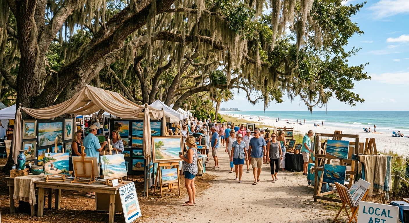An outdoor art gallery set up under oak trees with the beach in the background