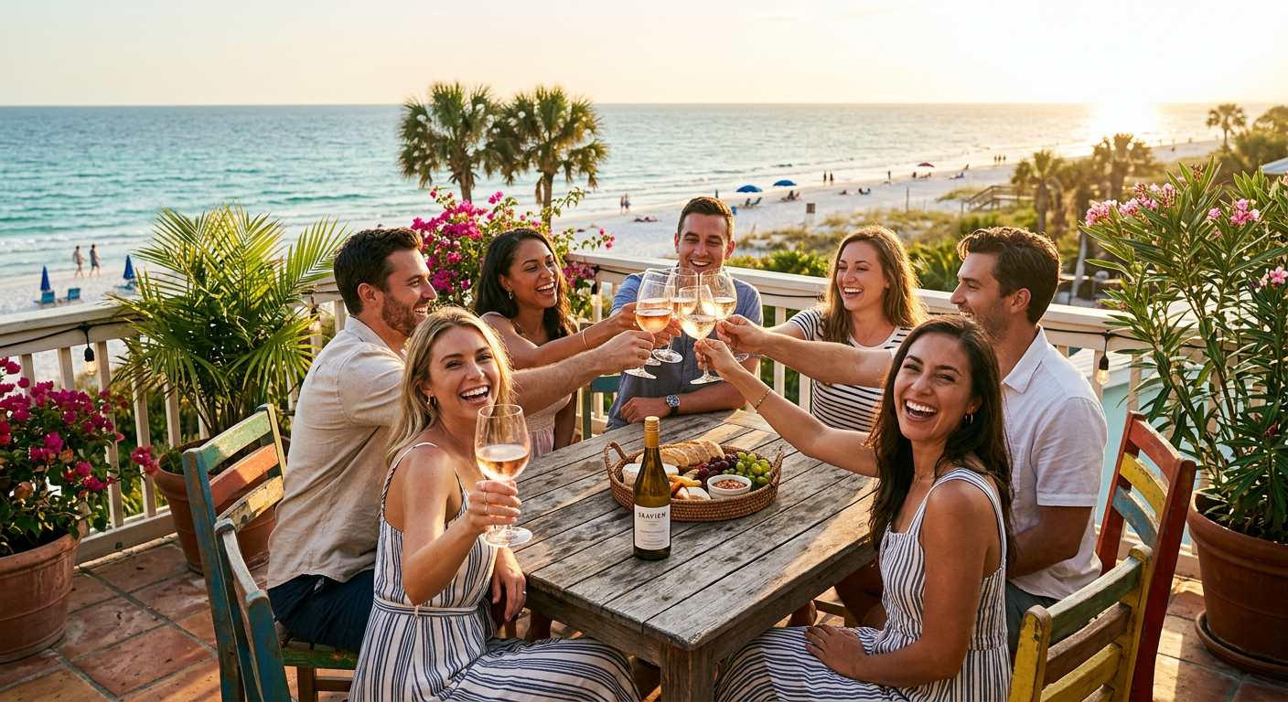 A group of friends toasting with wine glasses on a sun-drenched patio