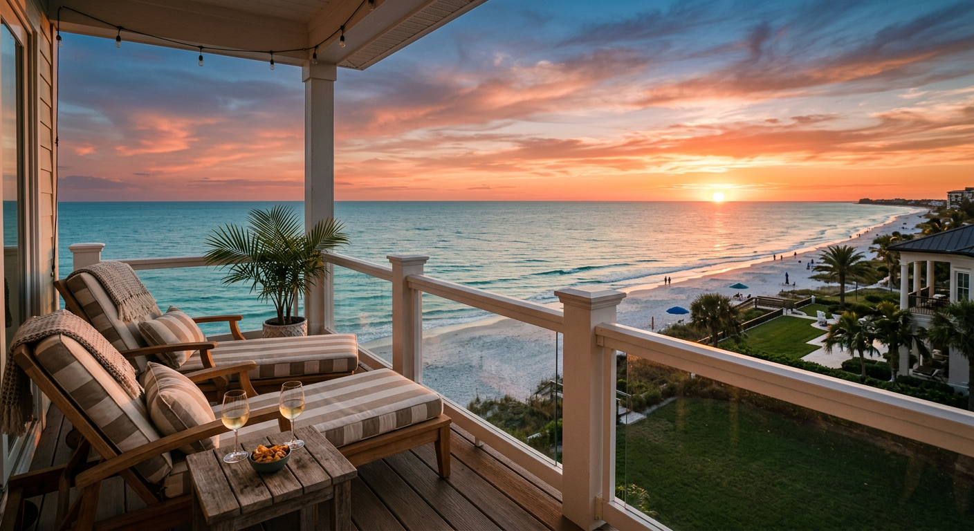 A sunset over the Gulf of Mexico viewed from a luxury vacation rental balcony