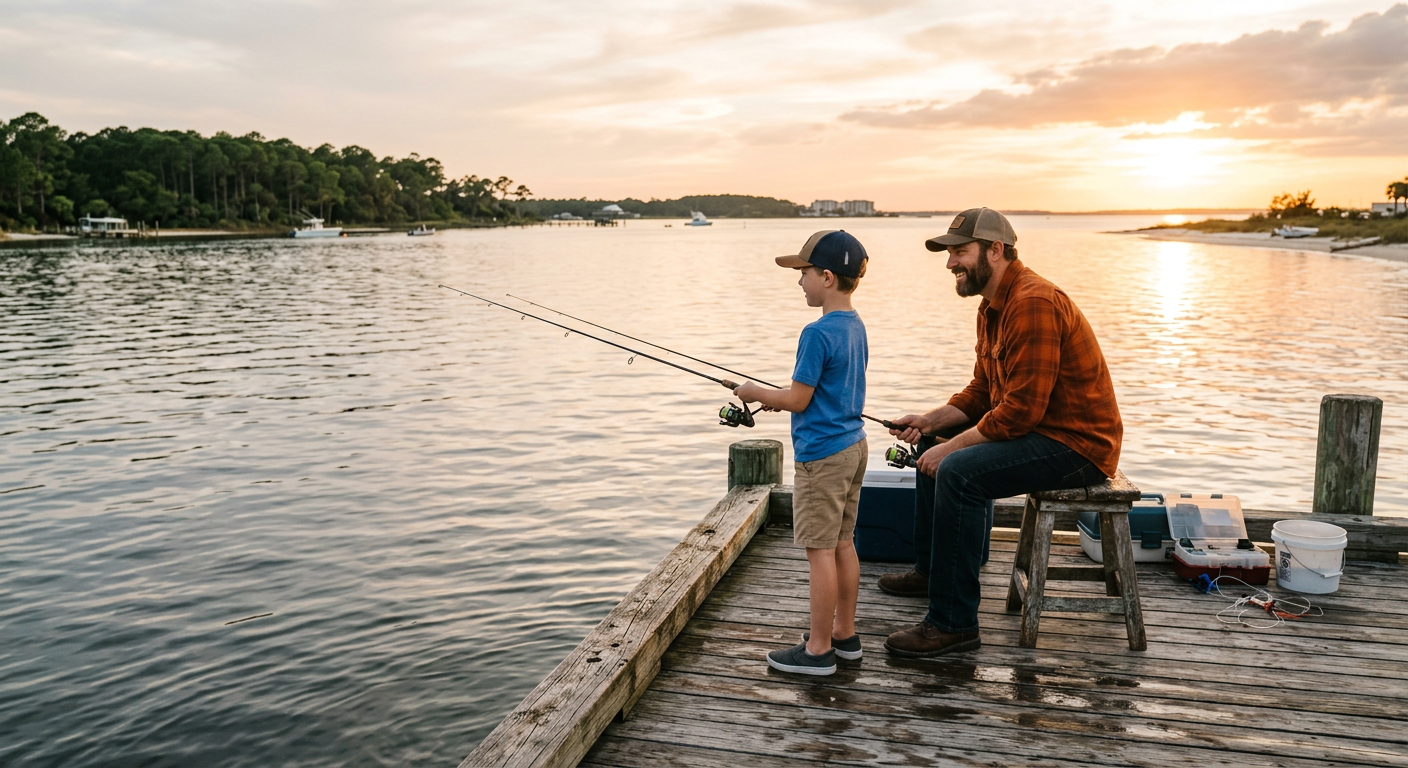 Close-up of a fishing reel with the Gulf of Mexico in the background, highlighting Panama City fishing opportunities