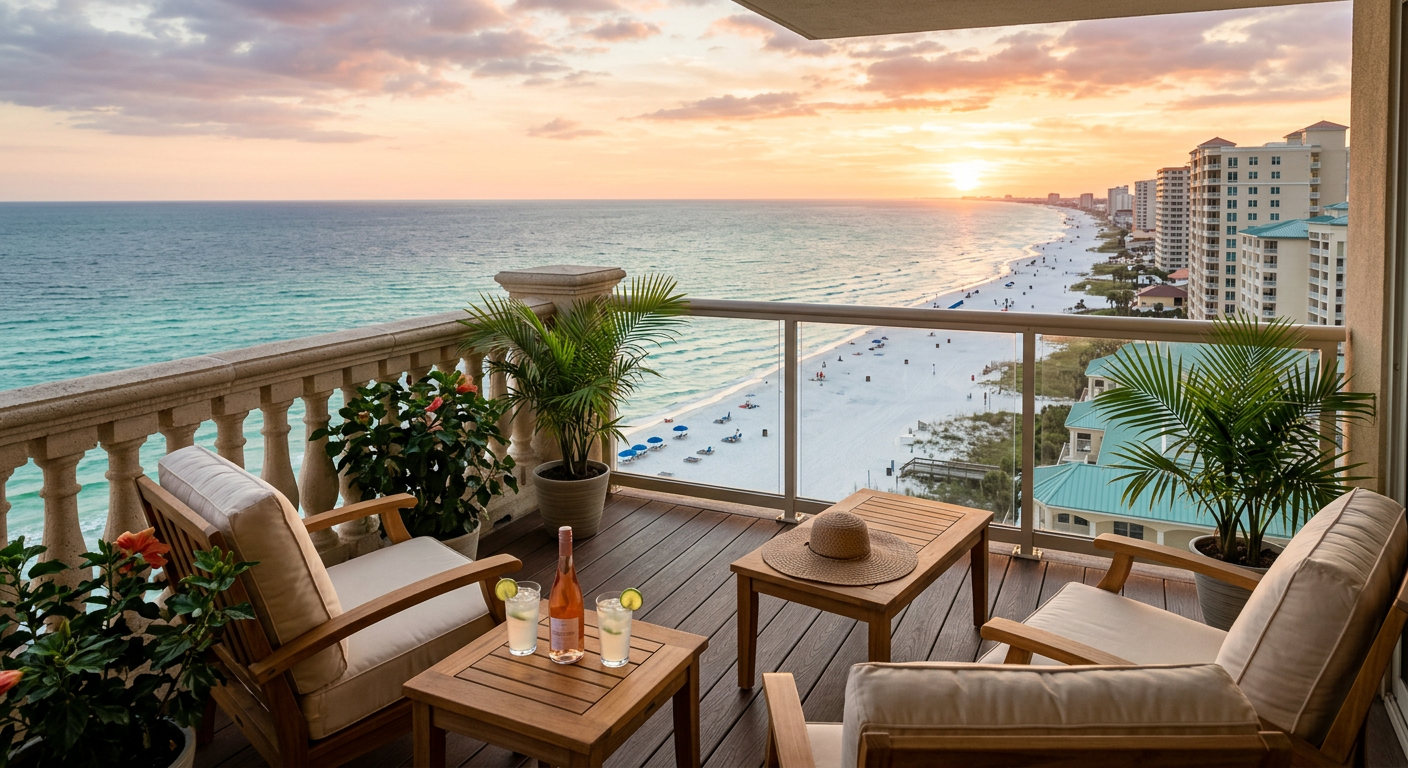 A luxury vacation rental balcony overlooking the Panama City Beach coastline