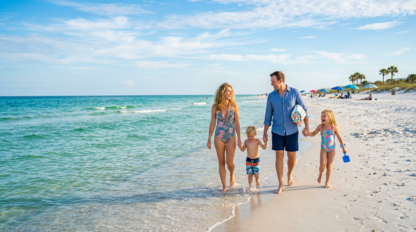 A family enjoying a sunny day on a white sand beach with turquoise water in the background
