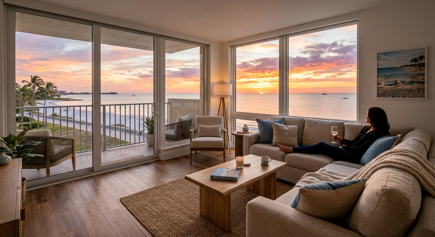 A modern vacation rental living room with a view of the sunset