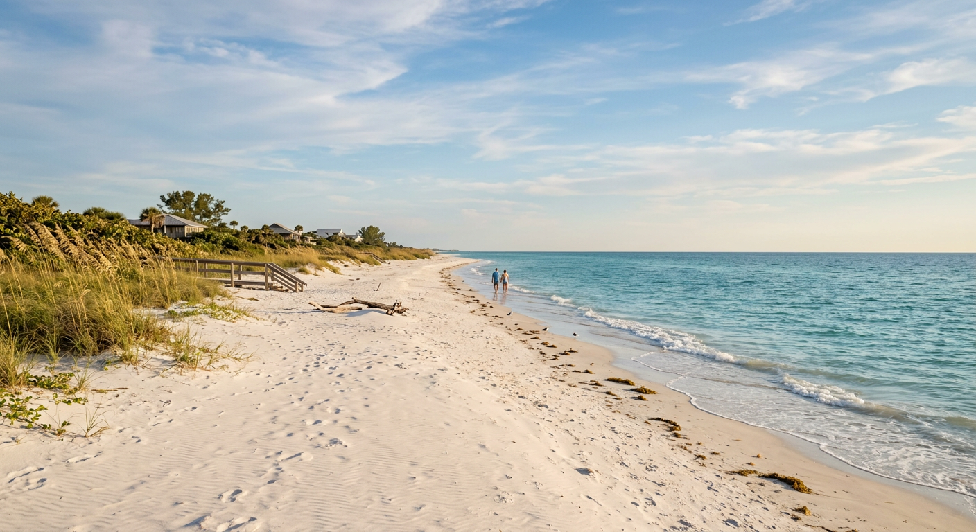 A calm beach scene during a weekday with very few people