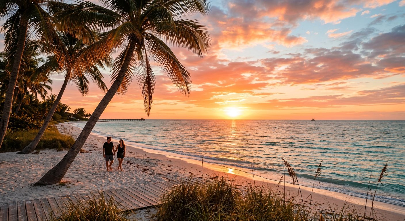 Sunset over the Gulf of Mexico with palm trees in the foreground